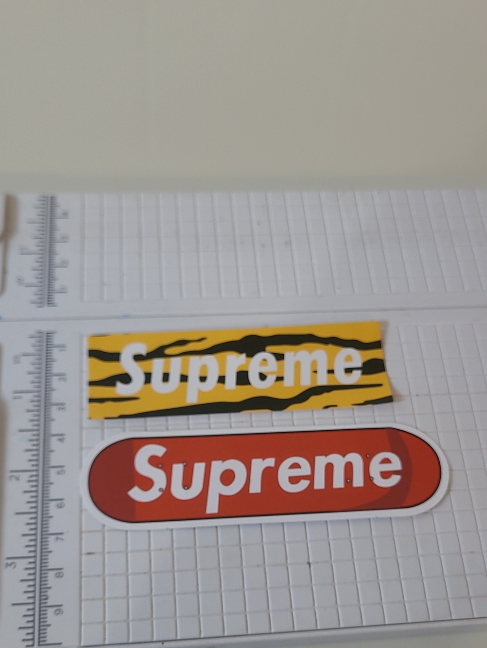 Supreme Yellow Tiger Stripe & Red Oval Logo Vinyl Stickers Lot Of 2